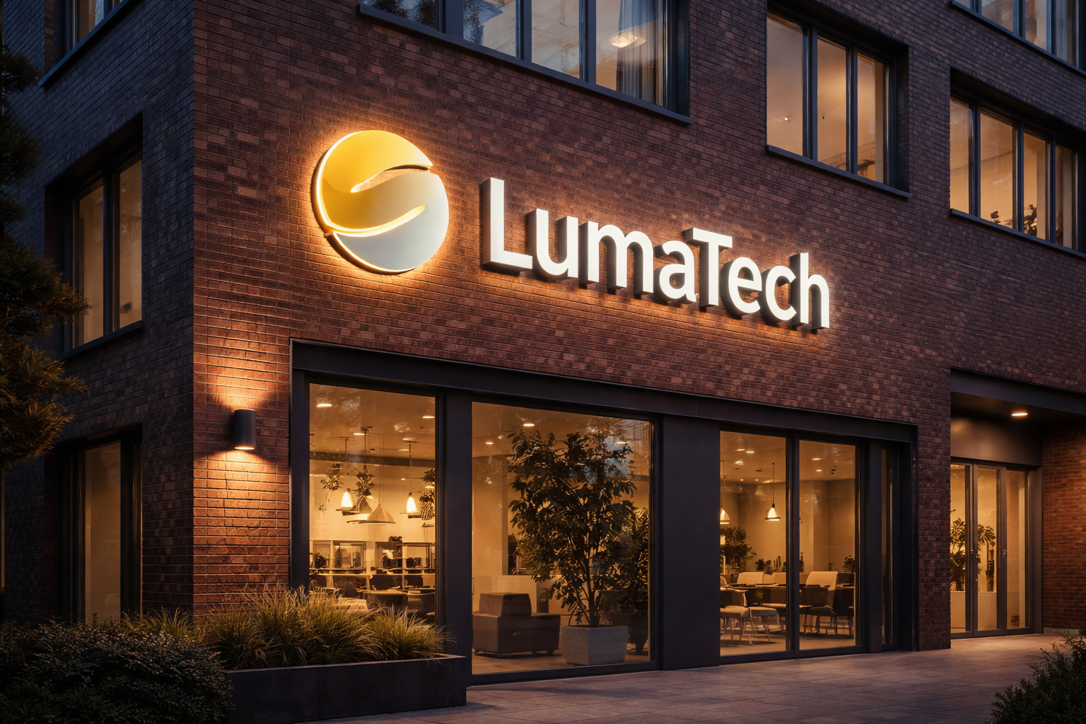 Belyst fasadskylt med tredimensionella bokstäver på modern kontorsfasad som skapar tydlig varumärkesidentitet och professionellt första intryck.