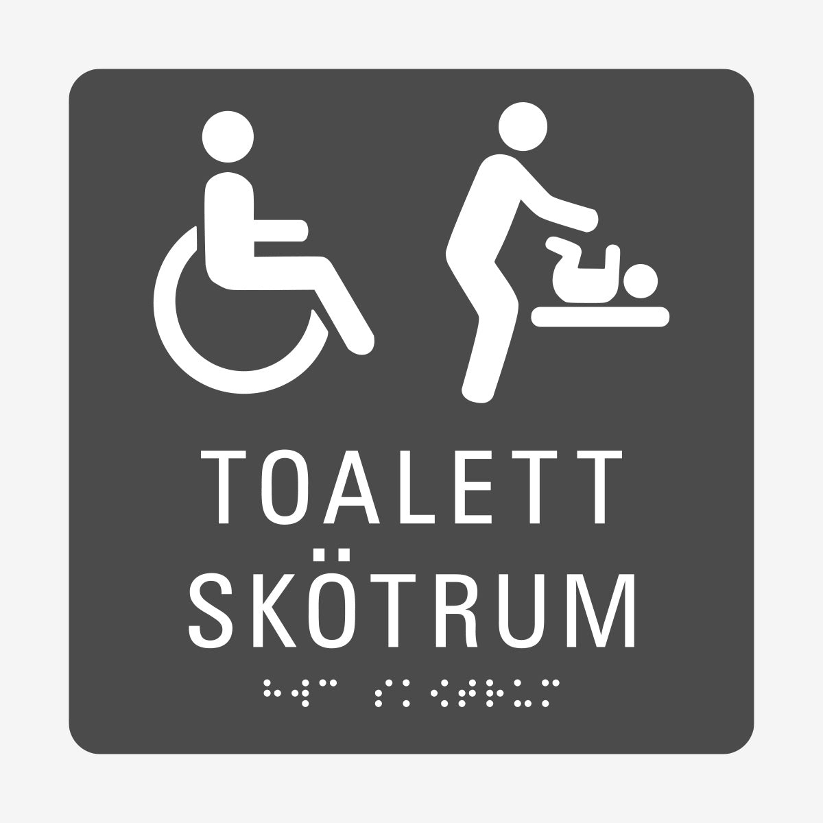 Taktil skylt m. brailleskrift TOALETT SKÖTRUM HWC en Skylt från Nordisk skylt