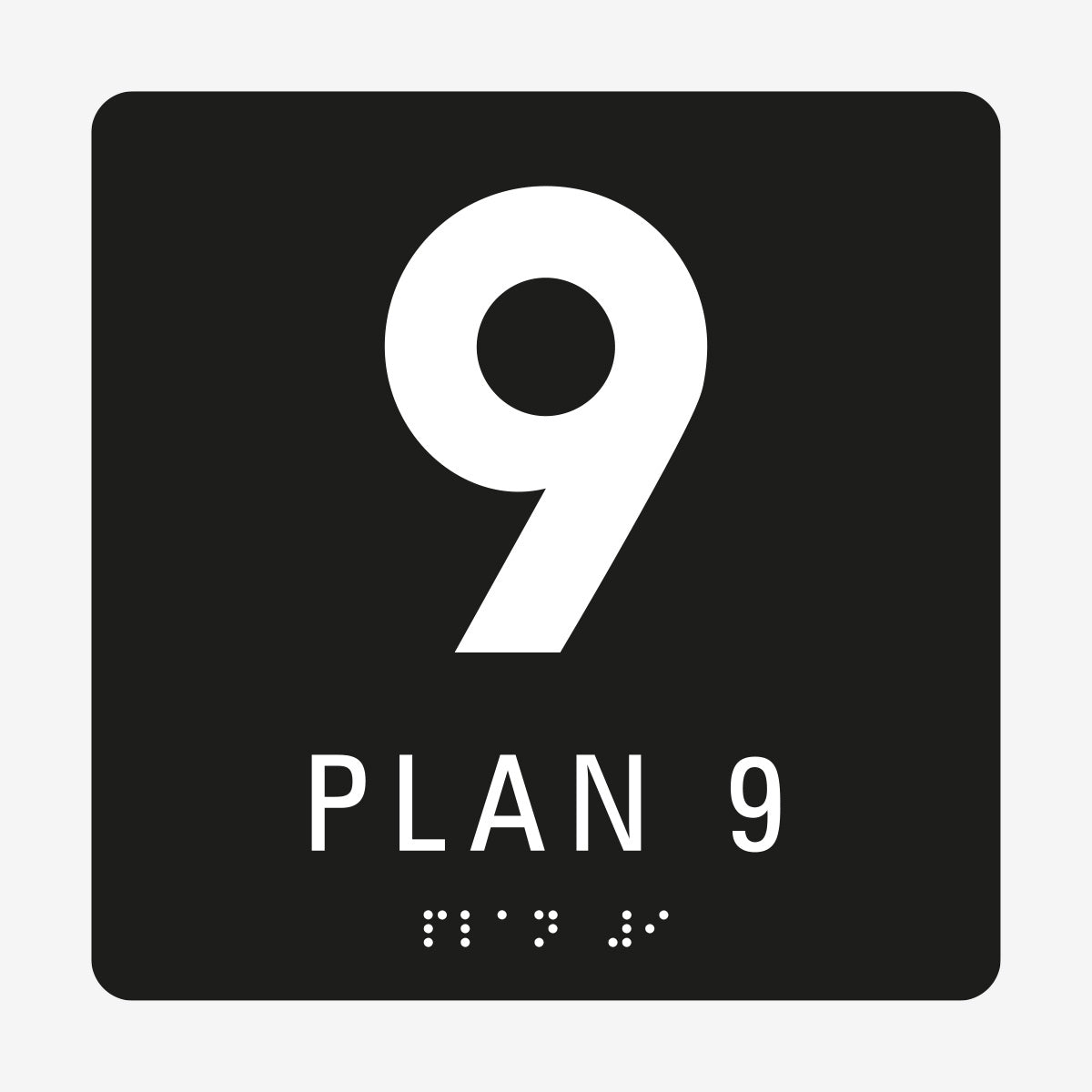 Taktil skylt m. brailleskrift PLAN 9 en Skylt från Nordisk skylt