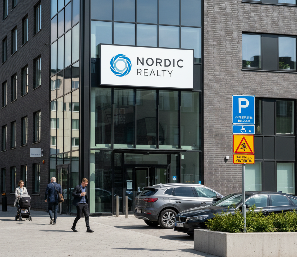 Modern fastighetsentré med fasadskylt, parkeringsskylt och varningsskylt om halkrisk vintertid