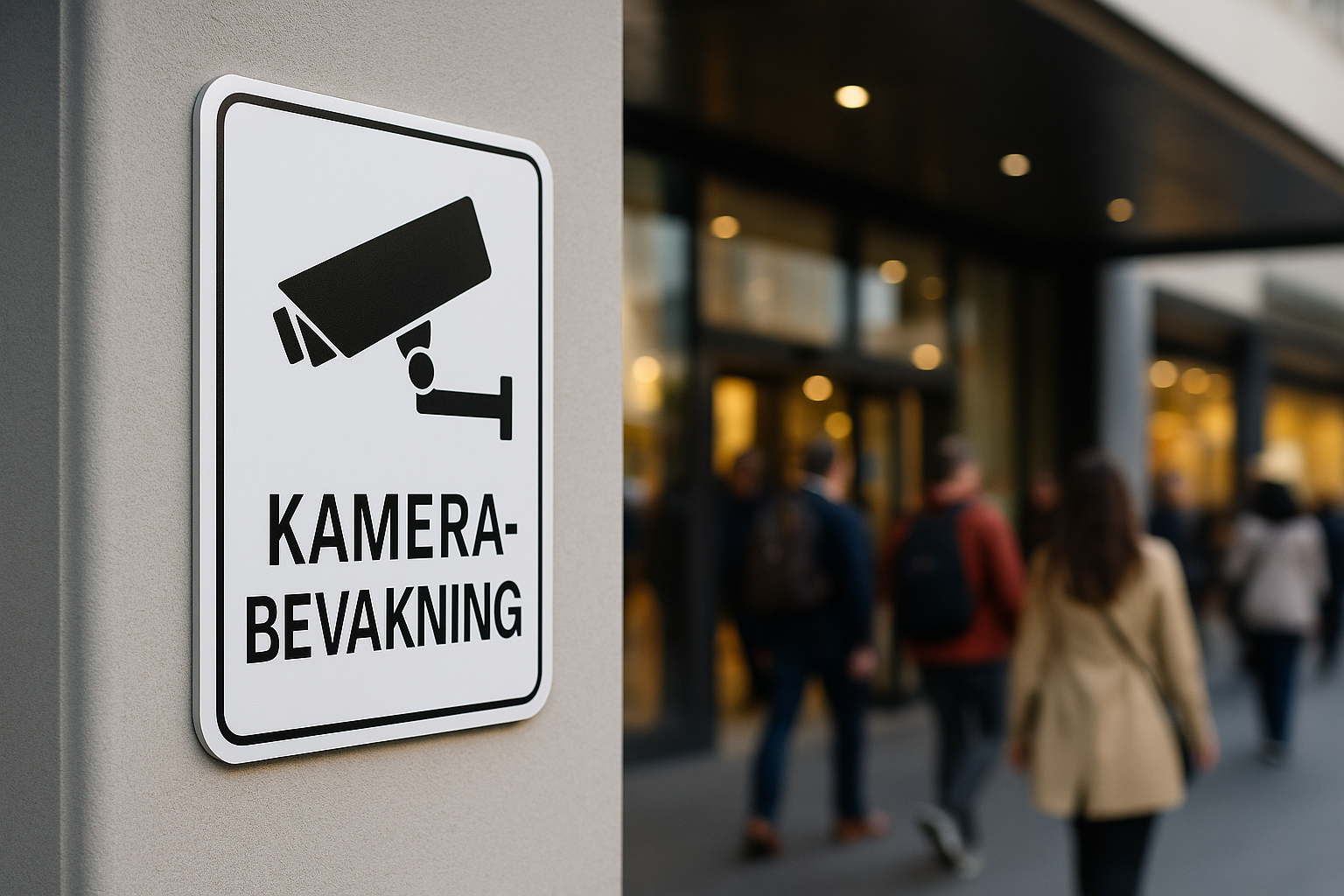 Skylt om kameraövervakning vid entré till byggnad med människor i rörelse