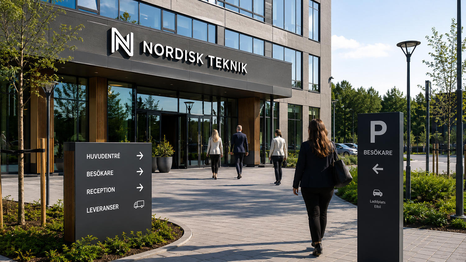 Modern fasadskylt på kontorsbyggnad som visar professionella skyltar för företag med tydlig entré och vägvisning.