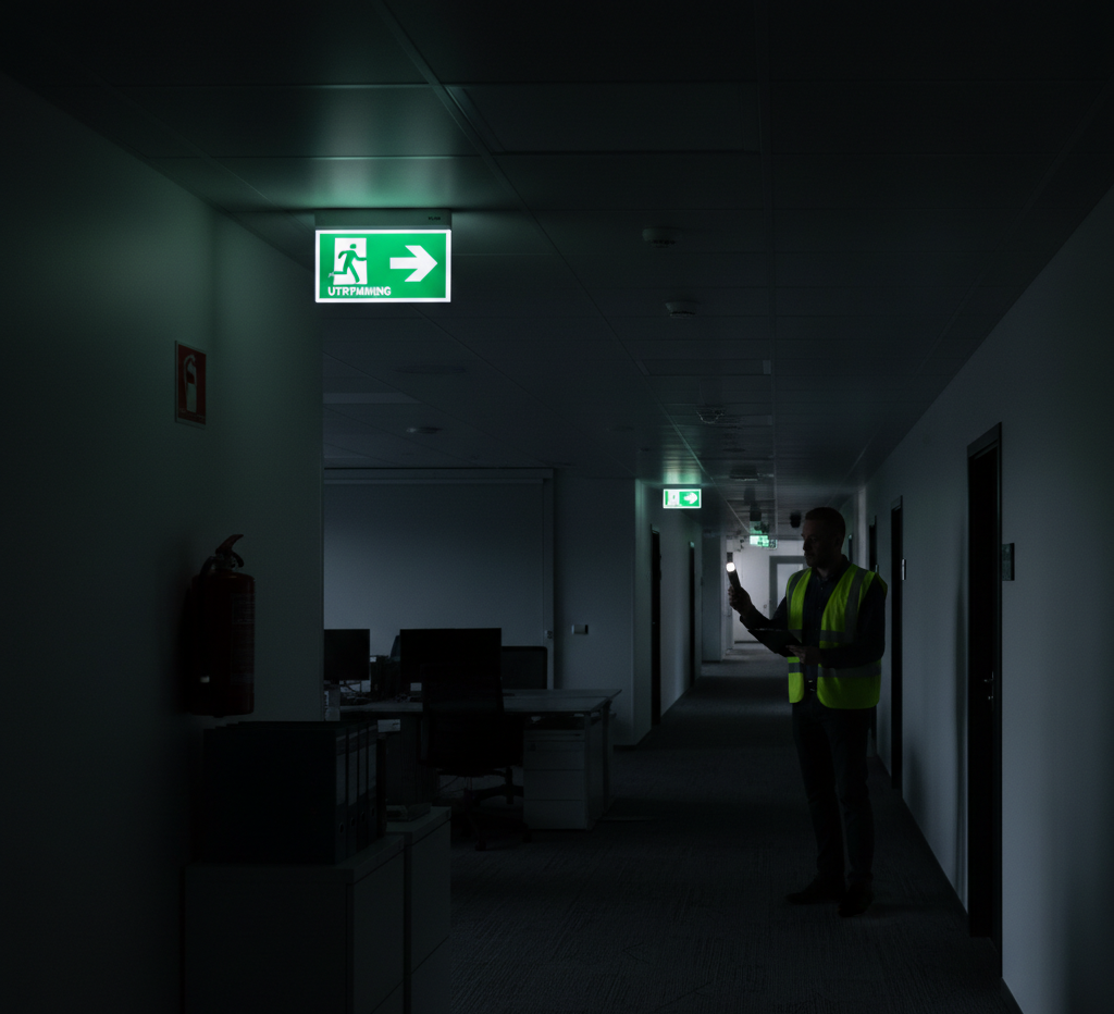 Man med ficklampa inspekterar självlysande utrymningsskyltar i en mörk kontorskorridor, vilket belyser BBR-lagkrav för brandskydd och säker utrymning.